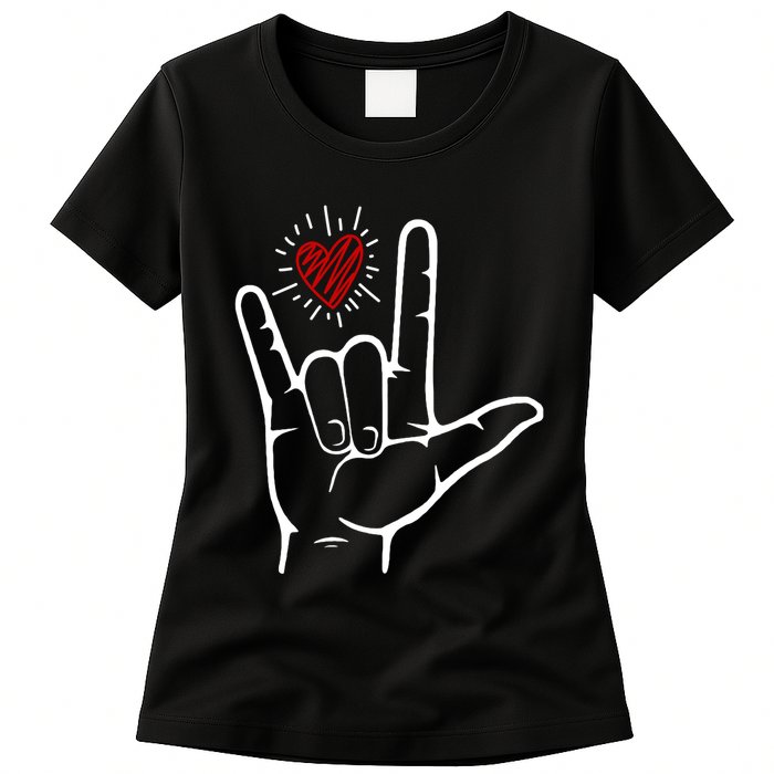 Asl Heart I Love You Hand Sign Language Valentines Day Womens T-Shirt