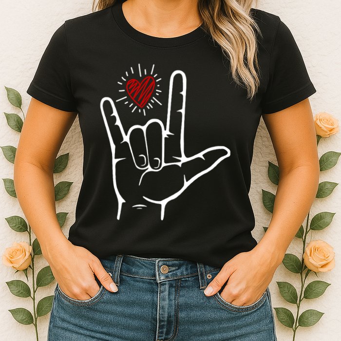 Asl Heart I Love You Hand Sign Language Valentines Day Womens T-Shirt
