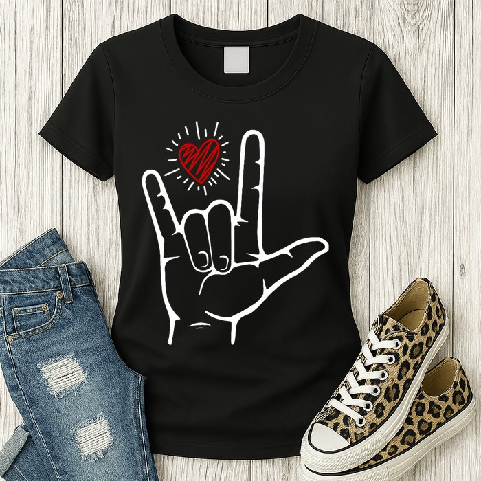 Asl Heart I Love You Hand Sign Language Valentines Day Womens T-Shirt