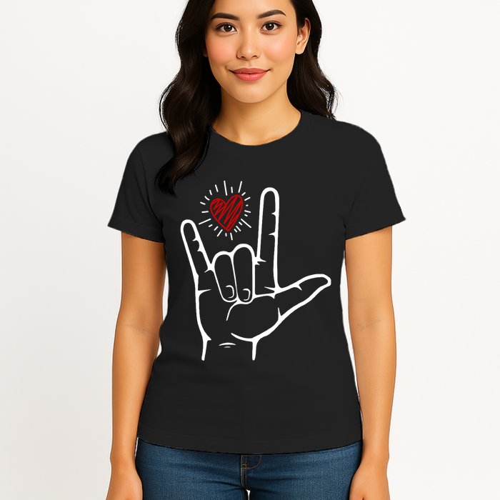 Asl Heart I Love You Hand Sign Language Valentines Day Womens T-Shirt