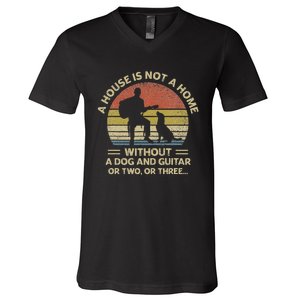 A House Is Not A Home Without A Dog And Guitar Or Two Retro V-Neck T-Shirt