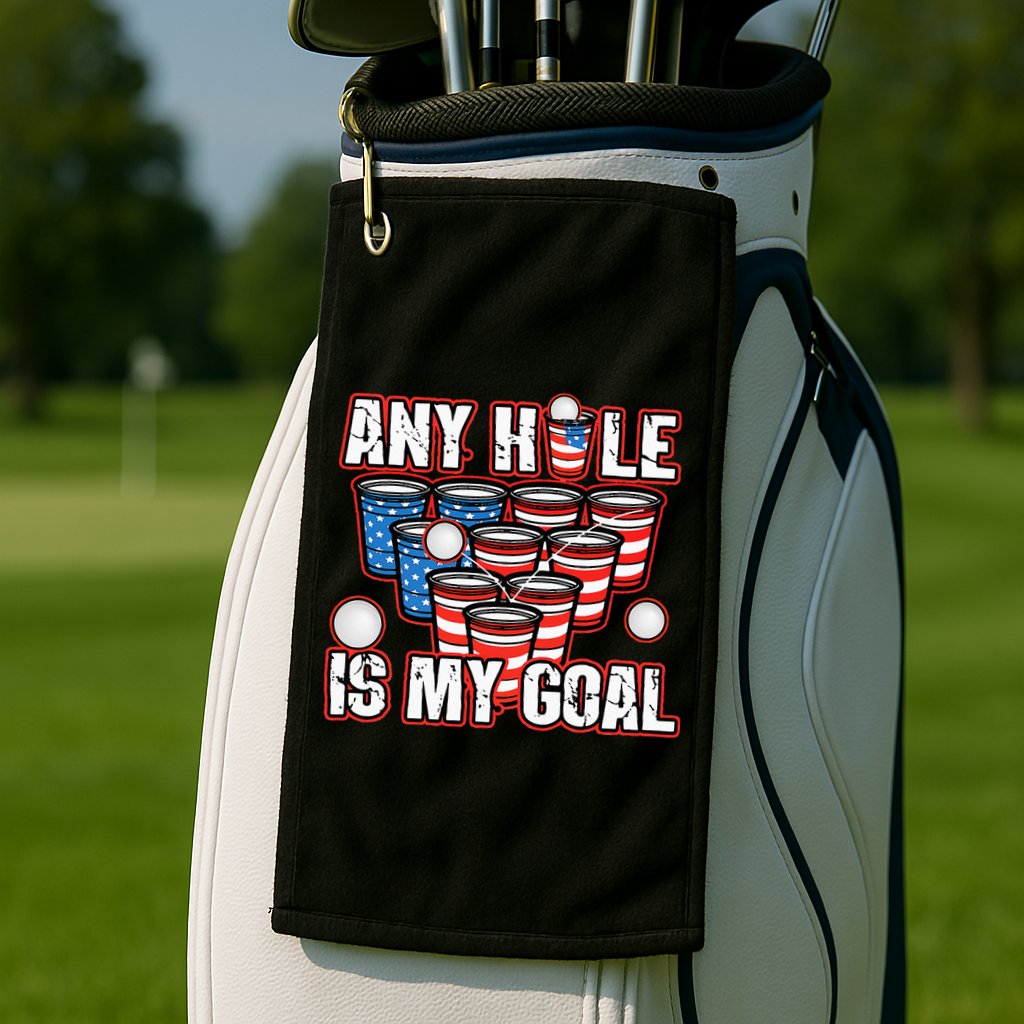 Any Hole Is My Goal 4th of July Funny Beer Pong Game Golf Towel