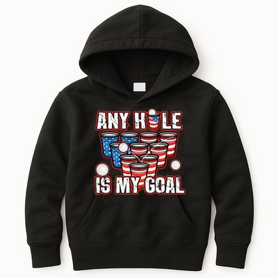 Any Hole Is My Goal 4th of July Funny Beer Pong Game Kids Hoodie