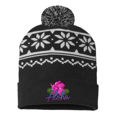 Aloha Hawaiian Islands Hawaii Surf Hibiscus Flower Surfer USA-Made Snowflake Beanie