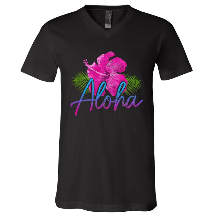 Aloha Hawaiian Islands Hawaii Surf Hibiscus Flower Surfer V-Neck T-Shirt