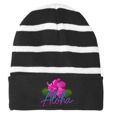 Aloha Hawaiian Islands Hawaii Surf Hibiscus Flower Surfer Striped Beanie with Solid Band