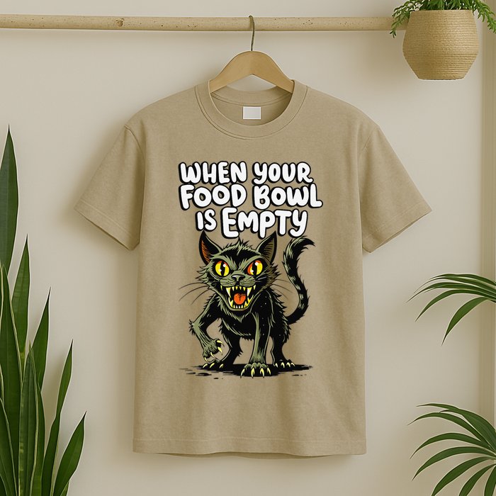 Angry Hungry Kitten Funny Food Bowl Empty Meme Cat T-Shirt