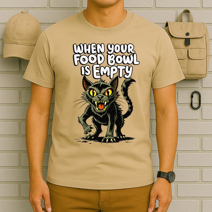 Angry Hungry Kitten Funny Food Bowl Empty Meme Cat T-Shirt