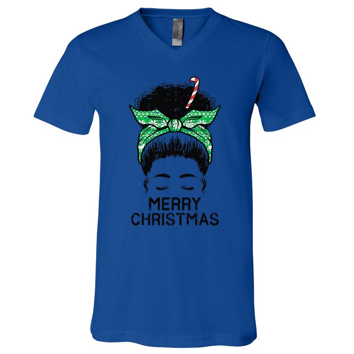 Afro Hairbun Merry Christmas African Black Xmas Mom Funny V-Neck T-Shirt