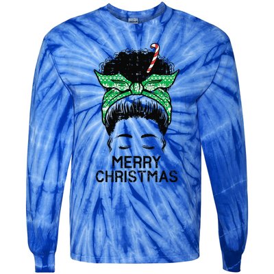 Afro Hairbun Merry Christmas African Black Xmas Mom Funny Tie-Dye Long Sleeve Shirt