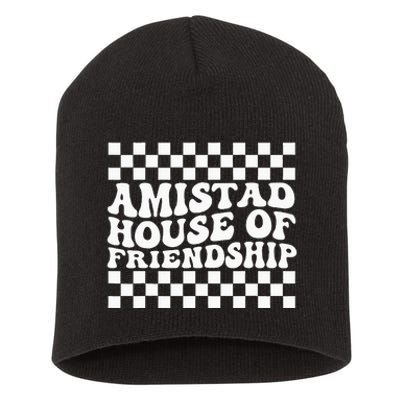 Amistad House Of Friendship Red Retro Groovy Social Amistad Short Acrylic Beanie