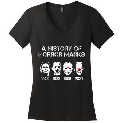 A History Of Horror Masks Halloween Funny Costume Anti Biden Women's V-Neck T-Shirt