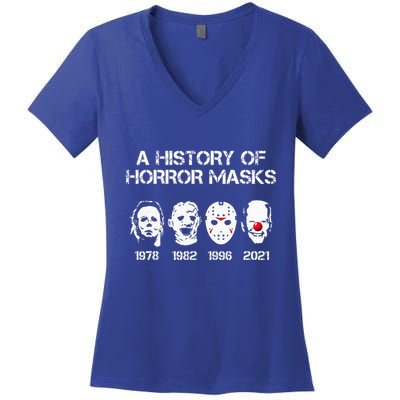 A History Of Horror Masks Halloween Funny Costume AntiBiden Women's V-Neck T-Shirt