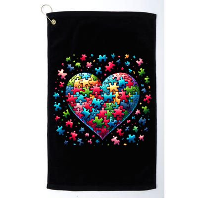 Autism Heart Of Puzzle Pieces Love Acceptance Awareness Funny Gift Platinum Collection Golf Towel