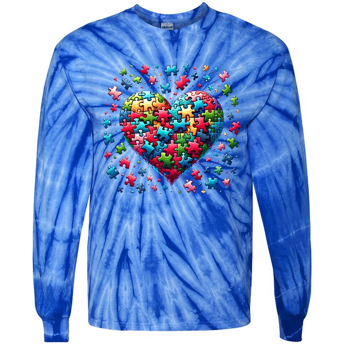 Autism Heart Of Puzzle Pieces Love Acceptance Awareness Funny Gift Tie-Dye Long Sleeve Shirt