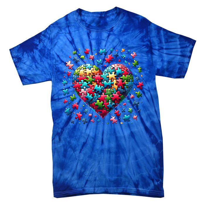 Autism Heart Of Puzzle Pieces Love Acceptance Awareness Funny Gift Tie-Dye T-Shirt