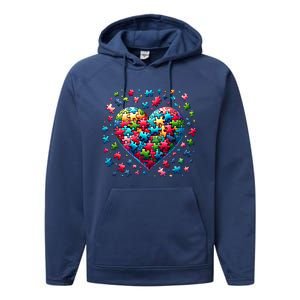 Autism Heart Of Puzzle Pieces Love Acceptance Awareness Funny Gift Performance Fleece Hoodie