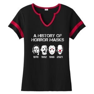 A History Of Horror Masks Halloween Funny Costume Anti Biden Ladies Halftime Notch Neck Tee