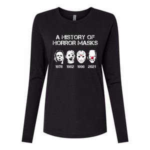 A History Of Horror Masks Halloween Funny Costume Anti Biden Womens Cotton Relaxed Long Sleeve T-Shirt