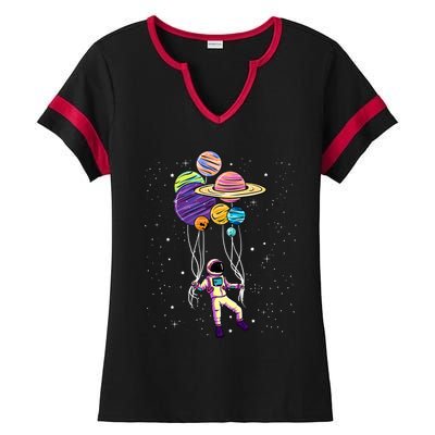 Astronaut Holding Planet Balloons STEM Kids Ladies Halftime Notch Neck Tee