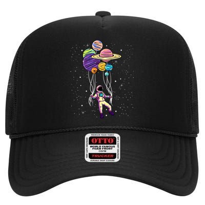 Astronaut Holding Planet Balloons STEM Kids High Crown Mesh Back Trucker Hat