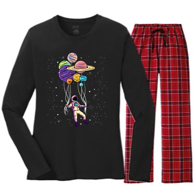 Astronaut Holding Planet Balloons STEM Kids Women's Long Sleeve Flannel Pajama Set 