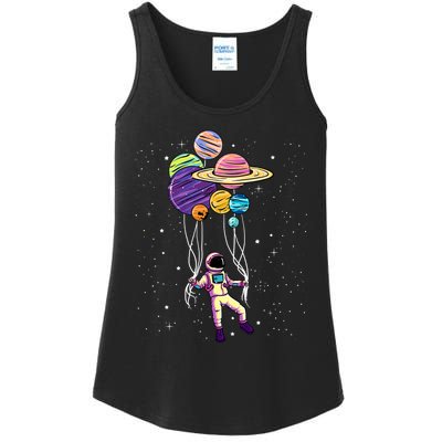 Astronaut Holding Planet Balloons STEM Kids Ladies Essential Tank