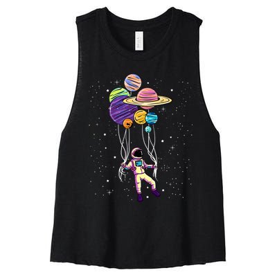 Astronaut Holding Planet Balloons STEM Kids Women's Racerback Cropped Tank