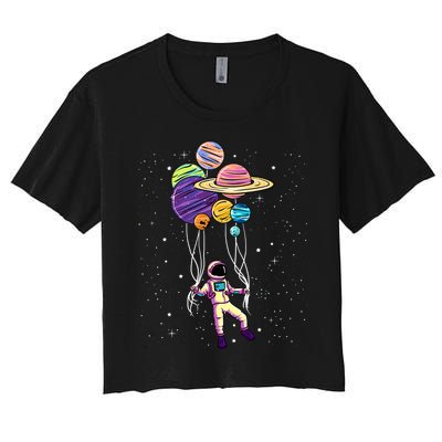 Astronaut Holding Planet Balloons STEM Kids Women's Crop Top Tee