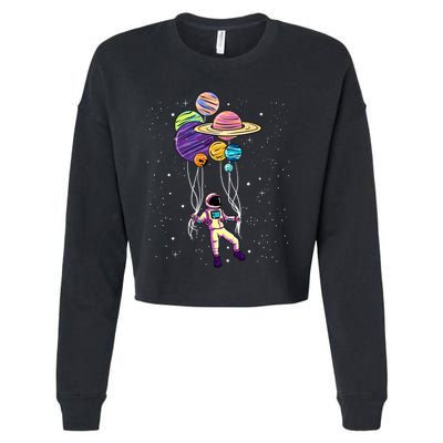 Astronaut Holding Planet Balloons STEM Kids Cropped Pullover Crew