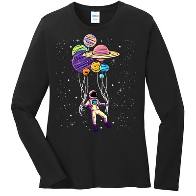 Astronaut Holding Planet Balloons STEM Kids Ladies Long Sleeve Shirt