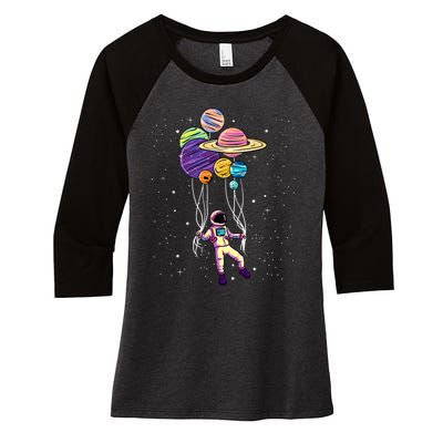 Astronaut Holding Planet Balloons STEM Kids Women's Tri-Blend 3/4-Sleeve Raglan Shirt