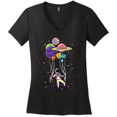 Astronaut Holding Planet Balloons STEM Kids Women's V-Neck T-Shirt