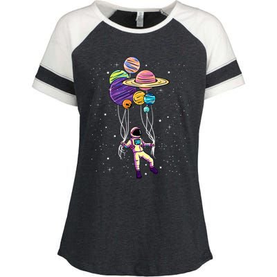 Astronaut Holding Planet Balloons STEM Kids Enza Ladies Jersey Colorblock Tee