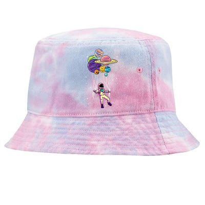 Astronaut Holding Planet Balloons STEM Kids Tie-Dyed Bucket Hat