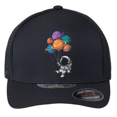 Astronaut Holding Planet Balloons Floating In Space Flexfit Unipanel Trucker Cap