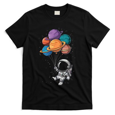 Astronaut Holding Planet Balloons Floating In Space T-Shirt