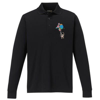 Astronaut Holding Planet Balloons Performance Long Sleeve Polo