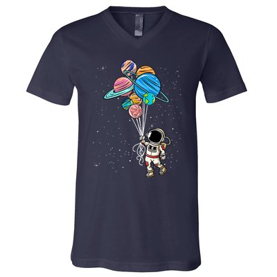 Astronaut Holding Planet Balloons V-Neck T-Shirt