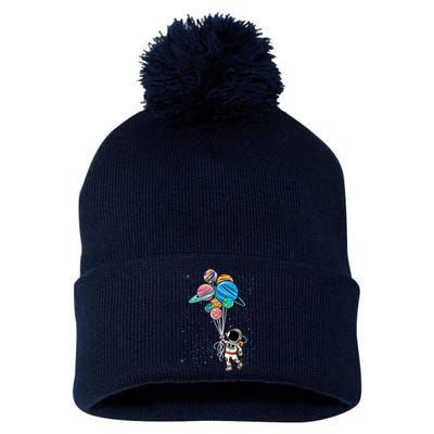 Astronaut Holding Planet Balloons Pom Pom 12in Knit Beanie