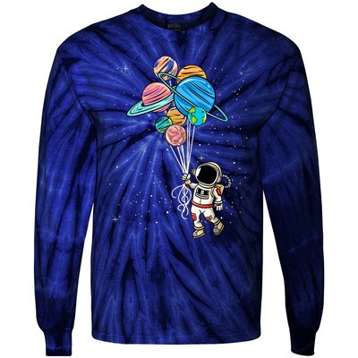 Astronaut Holding Planet Balloons Tie-Dye Long Sleeve Shirt