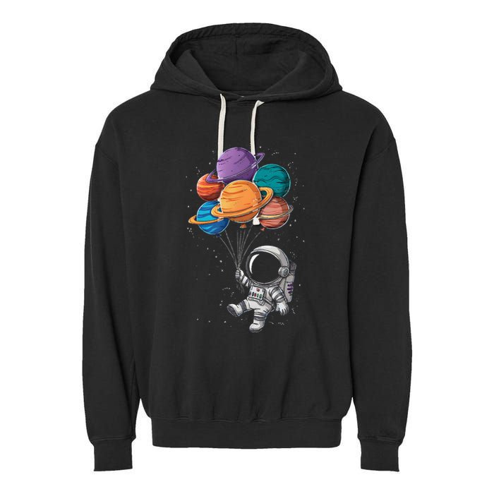 Astronaut Holding Planet Balloons Floating In Space Garment-Dyed Fleece Hoodie
