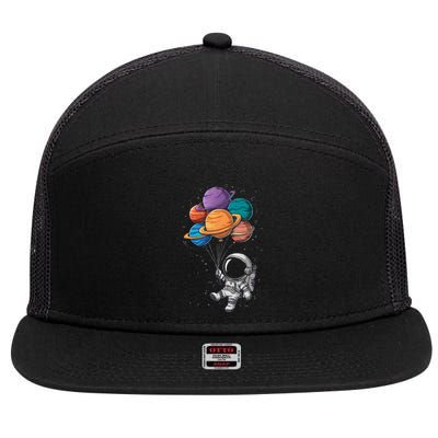 Astronaut Holding Planet Balloons Floating In Space 7 Panel Mesh Trucker Snapback Hat