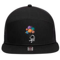 Astronaut Holding Planet Balloons Floating In Space 7 Panel Mesh Trucker Snapback Hat
