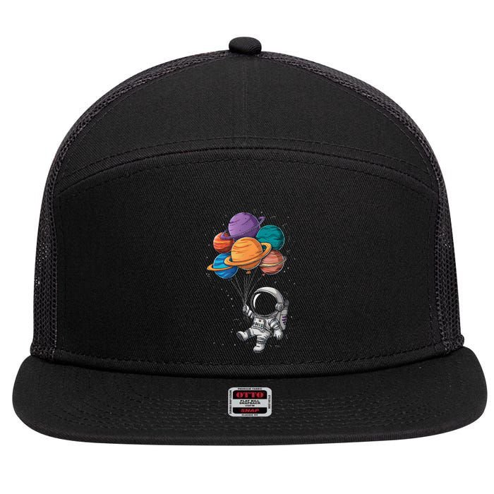 Astronaut Holding Planet Balloons Floating In Space 7 Panel Mesh Trucker Snapback Hat