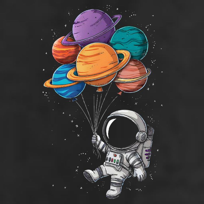 Astronaut Holding Planet Balloons Floating In Space 7 Panel Mesh Trucker Snapback Hat