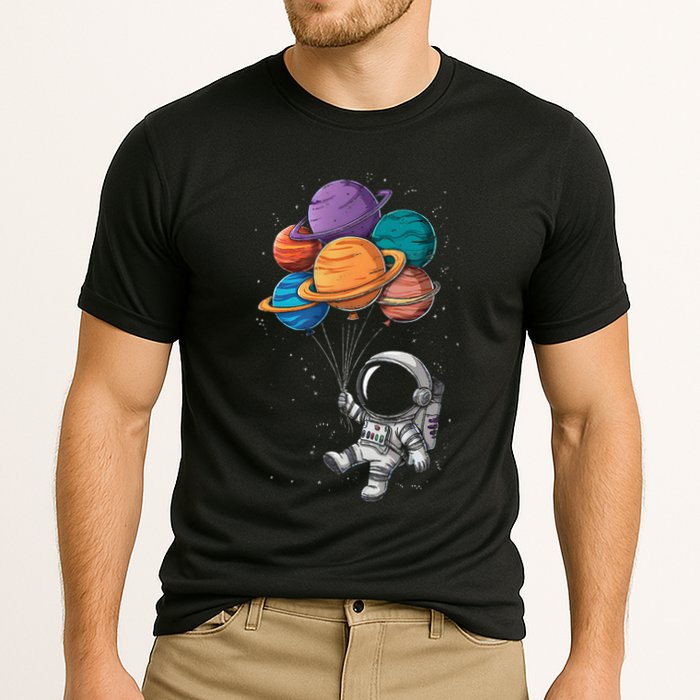 Astronaut Holding Planet Balloons Floating In Space Performance Shirt