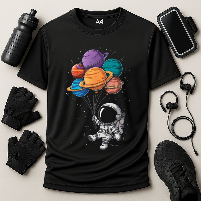 Astronaut Holding Planet Balloons Floating In Space Performance Shirt