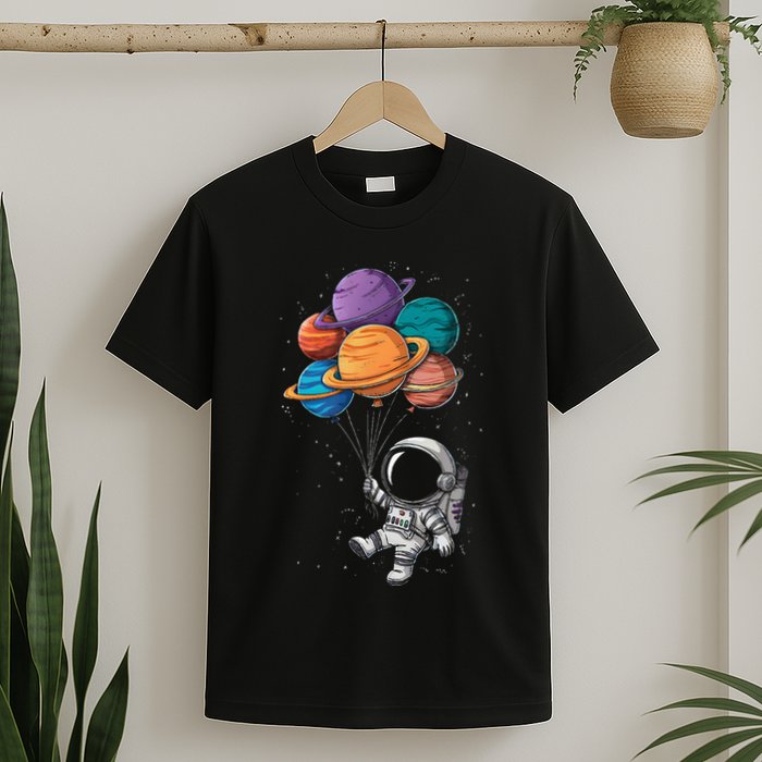 Astronaut Holding Planet Balloons Floating In Space T-Shirt