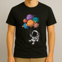 Astronaut Holding Planet Balloons Floating In Space T-Shirt